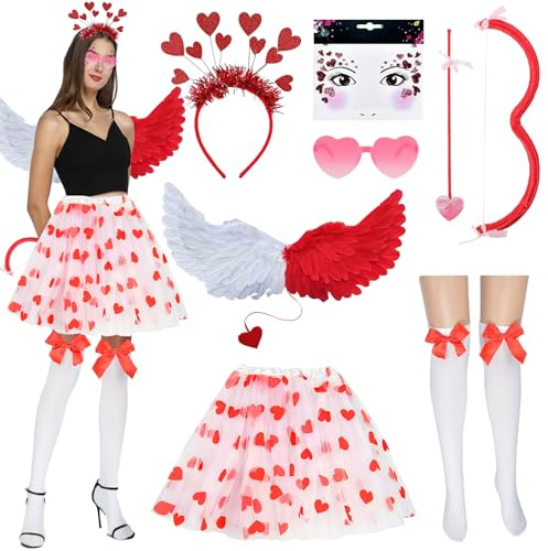 DAZZTIME Alas de ángel,Disfraz de Cupido para Mujer,Alas Angel Plumas,Conjunto de Arco y Flecha de Cupido,falda de tul para mujer,para Carnavales,Carnavales yFiestas Temáticas