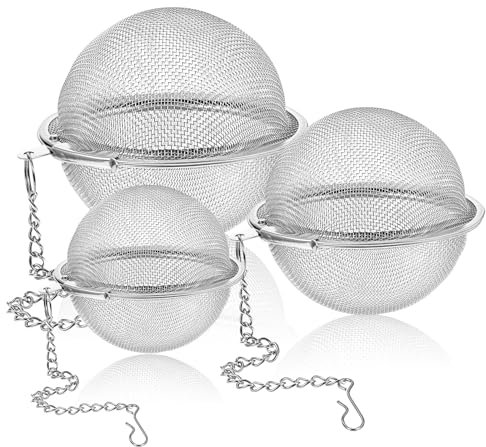 Ouligay 3 Stück Gewürzsieb Edelstahl Gewürzkugel Teesieb mit Kette Groß Gewürzsieb zum Mitkochen Teeei für Losen Tee, Tee Ei Sieb, GewüRzei Teekugel für Mulling Gewürze (5/7/9 cm)