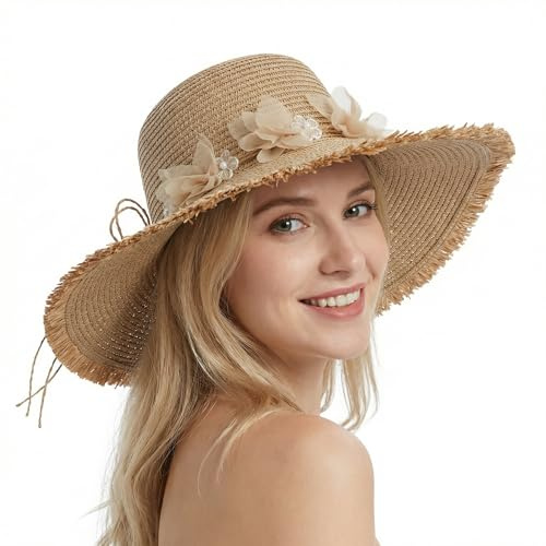 LY4U Sombrero de Sol Flexible de ala Ancha para Mujer UPF 50 con Flor de Encaje, Sombrero de Playa Plegable con Protección UV para Viajes, Verano al Aire Libre