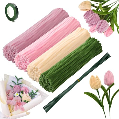 ANBOWEI Pipe Cleaners for Craft, 240pcs Pink Green Chenille Pipe Cleaners, Tulip Bouquet Fluffy Pipe Cleaners Kit with 15 Flower Stems and 1 Florist Tape for Decoration(Pink)