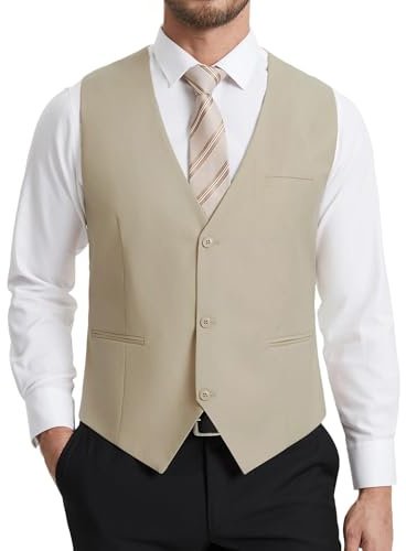 HISDERN kostymväst herr elegant bröllop kostym väst smal passform klassiska formella kostymvästar enfärgad brudgum väst smoking västar för män med 3 knappar fickor S–4XL, Beige, XL