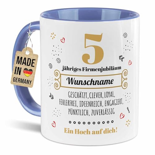 Tassendruck Personalisierte Tasse zum Dienstjubiläum - Ein Hoch auf dich! - mit Name und Zahl personalisieren - Geschenk zum Firmenjubiläum - Keramiktasse, 300 ml, Innen & Henkel Cambridge Blau