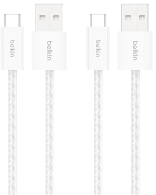 Belkin USB A to USB C Cable 2-Pack, 3.3ft, 15W - Type C Charger, iPhone Charger Cord, Soft, Braided, Flexible for iPhone 17 & 16, Galaxy S25, Pixel 10, iPad Pro, Airpods Pro, Switch & More - White | iPhone 15/16/17, Samsung Galaxy S26, Pixel 10, Airpods, iPad, Nintendo Switch 2, Steam Deck, Travel, Carplay, Car Charger