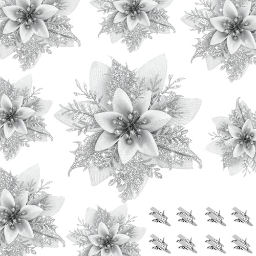 Filltown 16 Stück Weihnachten Glitzer Weihnachtsstern Blumen mit Clips, Künstliche Baumschmuck Weihnachten Blumen, Glitzer Kunstblumen Deko für Hochzeiten, Weihnachtskränze und Homeparty (Silber)