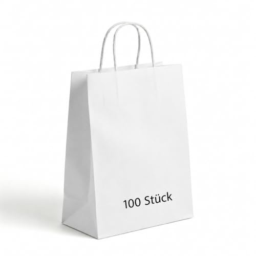 Commerline 100 Stycken Papperspåsar Med Handtag | Vit, 45+17x48 cm Presentpåsar | Kraftpapperspåsar Med Snörhandtag | Pappersbärkassar för Shopping och Förpackning | DIY