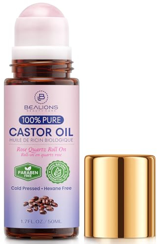 Bealions Castor Oil Roll On for Face: Castor Oil with Rose Quartz Roller for Massage - Deep Hydration Skin Moisturizer - Birthday Valentine Gifts for Women 35-65 (1.7 FL. OZ.)