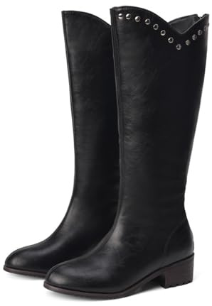 KUHAOFEU Hohe Kniehohe Reitstiefel Damen Winter Motorradstiefel mit Reißverschluss und flachem Absatz,Schwarz,40 EU