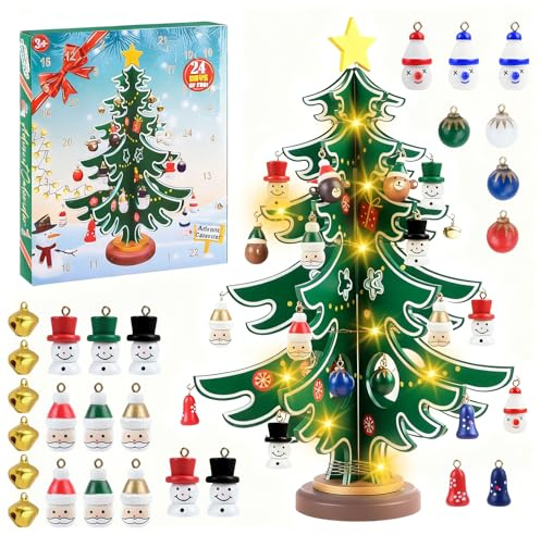 Decorative Advent Calendars,24 Days Countdown Wooden Christmas Tree, Kids Advent Calendar with 30 Mini Christmas Ornaments 1 Light String for Tabletop DIY Decoration or Gift