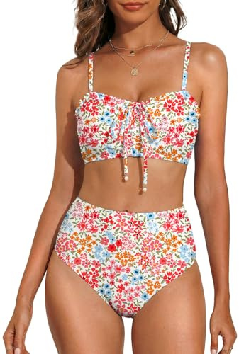 Herseas Women's High Waist Bikini Sets Drawstring Tie Front Flattering Supportive 2 Piece Swimsuit Ruched Ruffle Trim High Elasticity Soft Bathing Suits Elegant Cruise Outfits Multicolor Floral Large