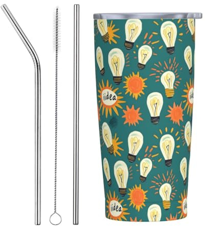 Sun Bulb Whimsy - Vaso con tapa y popote, vasos aislados de acero inoxidable de 20 onzas, taza de café personalizada, botella de agua