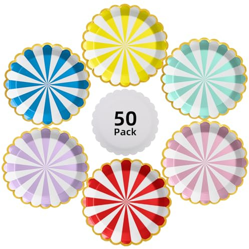 Sotsoixyyn Colorful Striped Paper Plates with Gold Scalloped Edge, 9 Inch Disposable Plate, 50 Pack, Party Tableware for Birthday Celebrations,Christmas and Halloween Decorations, Soft 6 Colors