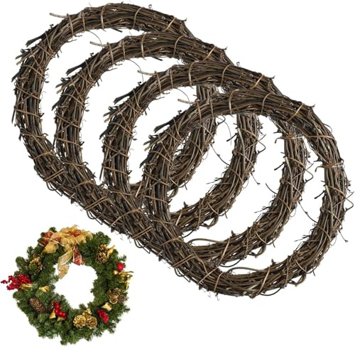 4 Pcs 20cm Natural Grapevine Wreaths, Hand-Woven Vine Branch Wreath, for DIY Christmas Craft, Front Door Wall Hanging, Wedding and Party Decors