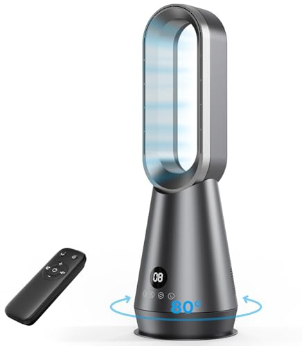 AIYATO Ventilador de Torre sin Aspas, 56cm Silencioso 32dB, 8 Velocidades, Modo Sueño y Alta Potencia, Oscilación 80°, Pantalla LED, Temp. 1-9H, Mando, Ideal para Dormitorio y Habitación Infantil