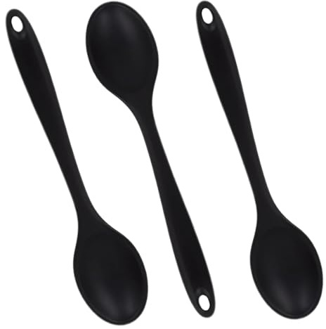 3 PCS Kochlöffel Silikon Rührlöffel, 27cm, Schwarz, Hitzebeständig bis 210°C, Silicone Servierlöffel Kunststoff, Griff Kochlöffel, Rührlöffel & Suppenkelle, Schonend für Küche, Kochen, Backen, Rühren
