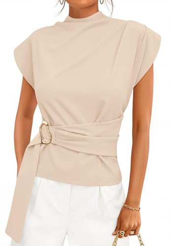 ZESICA Women's 2026 Summer Cap Sleeve Blouse Mock Neck Business Casual Tops Spring Dressy Tunic Work Shirts Apricot Medium