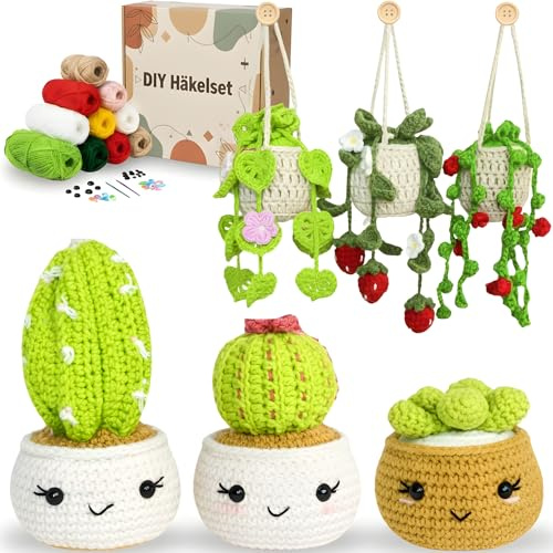 Generisch Häkelset für Anfänger – Komplettes Crochet Set für Erwachsene mit Wolle, Häkelnadeln & Anleitung – DIY Set Erwachsene zum Häkeln lernen & Pflanzen häkeln - Kreativ Set für Erwachsene