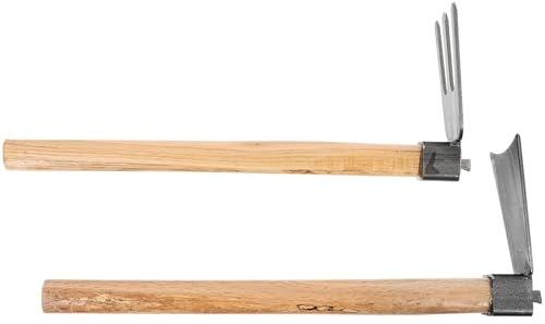TOYANDONA Ensemble D'outils de Jardinage à Main 2 Pièces Houe et Râteau à Planter, Manche en Bois Naturel, Outils Robustes pour Planter, Biner et Entretenir Potager et Fleurs, Usage