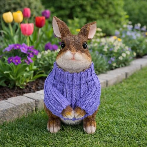 Online Fuchs Gartenfiguren für draußen süßer Hase mit Strockpullover - Deko Garten Figuren für Ostern, Frühling und Sommer – 22,5 cm groß – wetterfest (Flieder)
