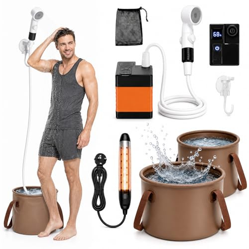 VeftBltrem Camping Dusche, Outdoor Dusche mit Pumpe Akku 5200mAh,Duschpumpe-Set mit Heizfunktion und 20L Wasserbehälter, Campingpumpe für Reisen Wandern Garten Autowaschen Wohnmobile