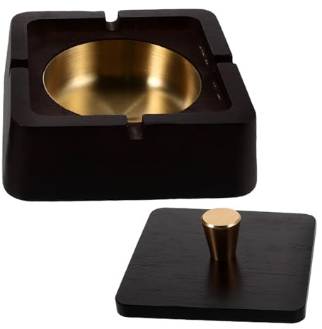 STOBAZA Cenicero de Madera con Tapa de Acero Inoxidable, Resistente al Viento Humo, Diseño Oriental Clásico para Uso en Patio y Mesa del Hogar
