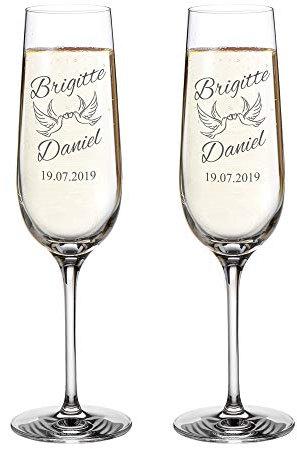 AMAVEL Set 2 Calici da Spumante con Incisione Colombe Personalizzati con Nomi e Data Bicchieri per Sposi Flute da Champagne Idee Regalo Matrimonio Anniversario