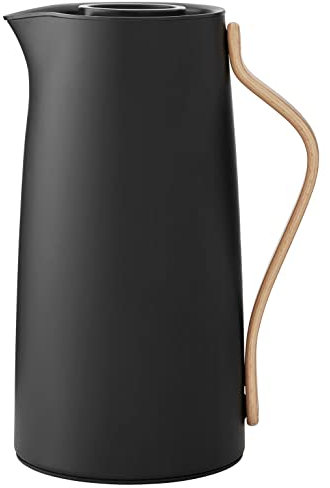 Stelton Kaffee-Isolierkanne Emma - Edelstahl-Thermoeinsatz, doppelwandig isoliert - Thermoskanne/Kaffeekanne/Teekanne mit Buchenholzgriff, Easy-Click-Deckel - 1,2 Liter, glänzendes Finish, Mattschwarz