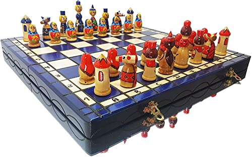 Master of Chess Wooden Chess Set with Pieces “MATRYOSHKA” 42 cm / 16 in - Hand-Painted Large Portable Chess Board Game for Adults and Kids