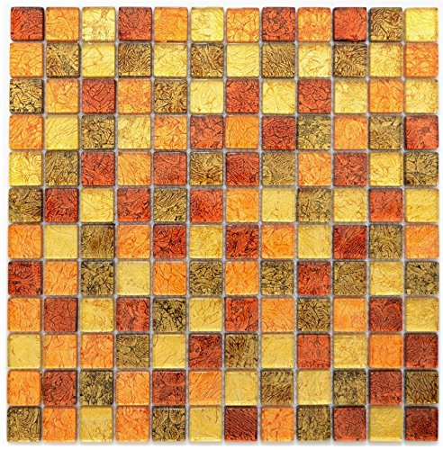 Mosaik Fliese Transluzent Glasmosaik Crystal gold orange Struktur für WAND BAD WC DUSCHE KÜCHE FLIESENSPIEGEL THEKENVERKLEIDUNG BADEWANNENVERKLEIDUNG Mosaikmatte Mosaikplatte