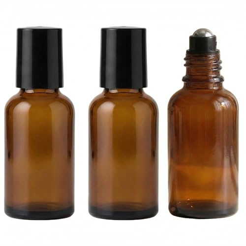 3 botellas de vidrio ámbar rellenables vacías de 50 ml con rodillo de aceite esencial y bola de acero inoxidable y tapa negra Attar botella para aceites esenciales, aromaterapia