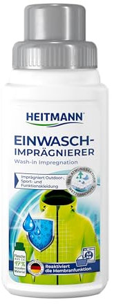 HEITMANN Einwasch-Imprägnierer | Atmungsaktiver Wetterschutz für Outdoor- & Sportkleidung, Rucksäcke, Zelte & Schuhe | Reaktivierung der Membranfunktion | 250 ml