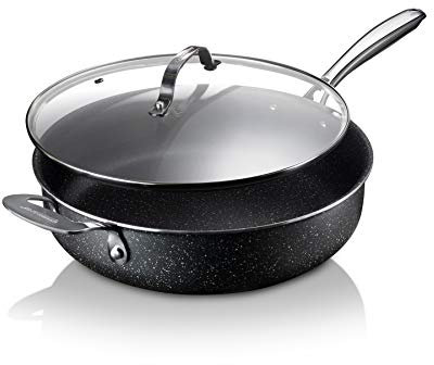 Granitestone Nonstick Sauté Pan with Lid – 5.5 Quart Multipurpose Jumbo Cooker Fry Pan with Glass Lid, Stay Cool Handle + Helper Handle, Oven, Stovetop and Dishwasher Safe, 100% PFOA Free, Black