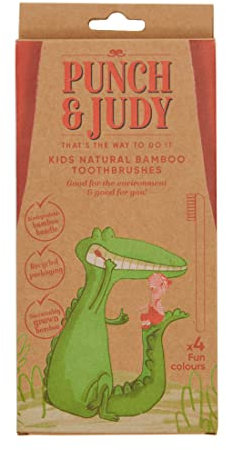 Punch & Judy - Kids Organic Bamboo Toothbrushes - Made with Sustainable, Biodegradable Bamboo - with Recyclable Packaging (4 Pack, Multi Colours)