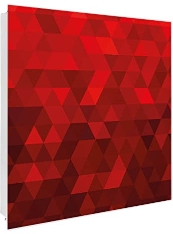 banjado Großer Schlüsselkasten Glas - Schlüsselbox 30x30cm mit 50 Haken - Schlüsselkasten modern für Schlüsselaufbewahrung mit beschreibbarer, magnetischer Glastür - Motiv Dreiecke Rot