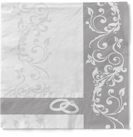 Sovie HORECA Serviette HOCHZEIT in SILBER aus 3-lagigem Tissue, 33 x 33 cm, 100 Stück – festliche Papierservietten mit Ornamentranken & Eheringe-Motiv