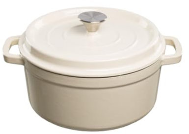 GRAND FEU Marmite en fonte hollandaise - Marmite en fonte émaillée avec couvercle et larges poignées pour cuisine et braisage - Capacité 4.7L, Blanc