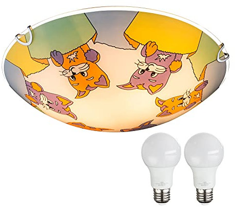 bmf-versand® Kinderzimmer Lampen Decke Mädchen Jungen mit LED - Deckenleuchte E27 - Deckenlampe 2 Flammig Weiß Bunt - Kinderzimmerlampe Kinder Tiere - Babyzimmer Lampe Katze - Rund Ø 30 cm