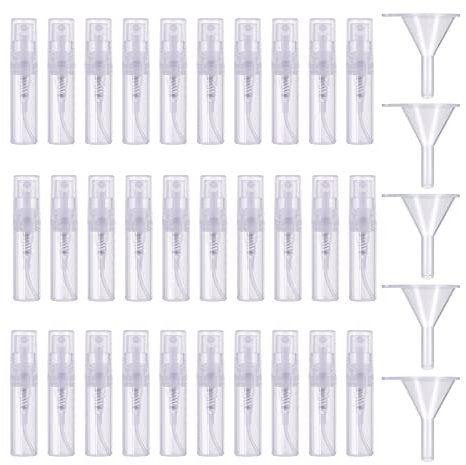 Lahviuu Mini Sprühflasche,30 Stück 2ml Durchsichti Kunststoff Mini Spray Flaschen Zerstauber Parfüm Zerstäuberflaschen,für Parfüm Körperpflege Flüssigkeit Kosmetik Reisen(mit 5 Stück Trichtern)