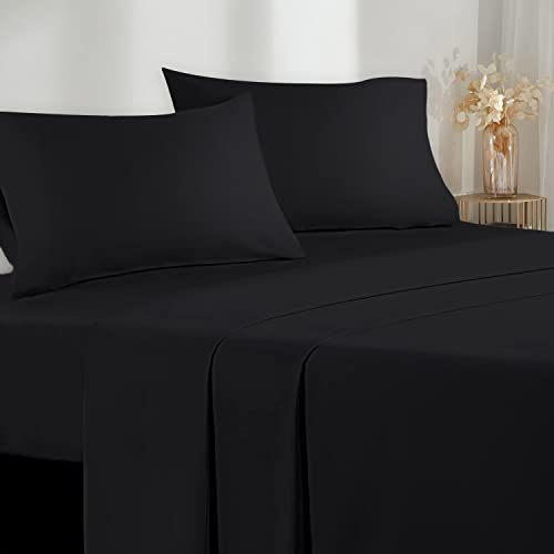 Poligino Parure De Lit 140x190/200 4 Pièces en Microfibre - Drap Housse 140x200 cm - Drap Plat 2 Personne 220x280 cm - 2 Taie d'oreiller 50x80 - Haute Qualité - Noir