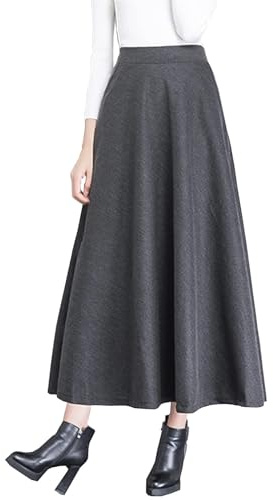 ZHANCHTONG Women's High Elastic Waist Maxi Wool Skirt A-line Plaid Winter Warm Flare Long Skirt (Grey, L)