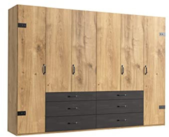 möbelando Kleiderschrank Detroit in Plankeneiche mit 6 Schubladen und 6 Türen. Abmessungen (BxHxT) 300x216x58 cm