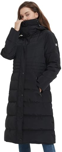 IKAZZ Long Winter Coats For Women, Stylish Thickened Warm Long Sleeve Insulated Vegan Down Parka, Rain Water-Resistant Jacket Fasion Outerwear with Hood Pockets, Black L