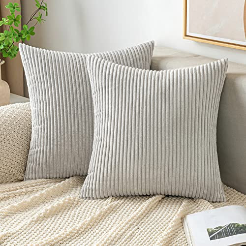 EMEMA Kissenbezug 50x50 cm Kordsamt Kissenbezüge Dekokissen Sofakissen Cord Kissenhülle Zierkissenbezug Kord Dekorative Weiche für Sofa Wohnzimmer Schlafzimmer 2er Set Hellgrau
