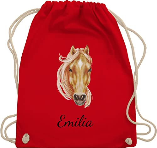 Turnbeutel Rucksack - Pferd Pferde - Wunschname Pferdekopf - hellbraun - Unisize - Rot - turnsack mädchen pferderucksäcke pferden beutel pferderucksack pferdemotiv stoffbeutel tasche reitsport