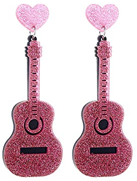 Boucles d'Oreilles Pendantes en Acrylique - Forme de Guitare Musicale et Cœur - Instruments de Musique - Exagérées - Bijoux Hip