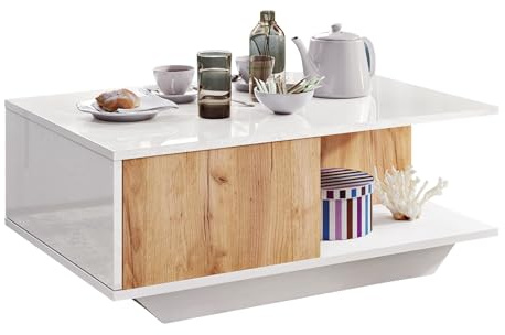 Dafi Furniture DF Table Basse de Salon, Moderne Table Salon avec Un Compartiment de Rangement Pratique, Finition de Plateau Blanc Brillant (Gloss Blanc Chêne)