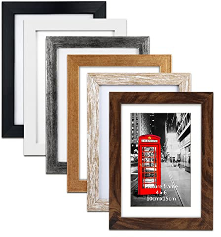EYMPEU Bilderrahmen 10x15 CM 6er-Set, geeignet für 10x15 Bilder mit Passepartout oder 13x18 ohne Passepartout, für Wand und Tisch, Holzmasserung in verschiedenen Farben
