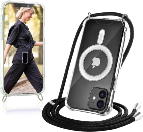 JProtect für iPhone 12 Mini Hülle mit Band und MagSafe – Magnetische Handykette für iPhone 12 Mini Magnet – Durchsichtige Umhängehülle Band Schwarz – Kette Handyhülle für MagSafe Zubehör