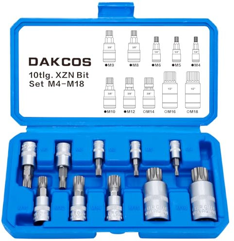 DAKCOS XZN Lot de 10 douilles M4-M18 pour entraînement 1/2, 3/8, 1/4 Embout XZN torx 12 pans avec étui