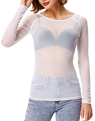 Hauts Transparents Femme T-Shirt à Manches Longues Top en Maille Sexy Blouse Sheer Mesh Elastique Chemise Noir Tulle Tenue de Moulante Chemise Slim Fit pour Soirée Clubwear