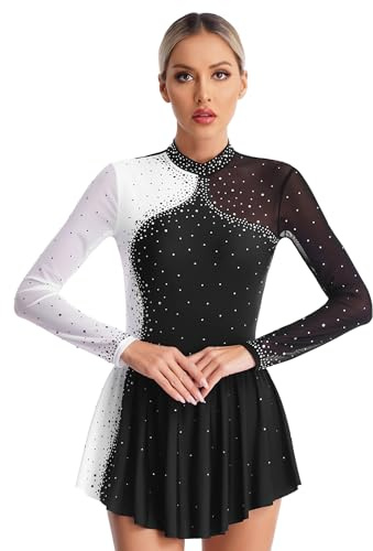 Mufeng Vestido de Leotardo Brillantes de Moda para Mujer Mono de Baile de Danza para Patinaje Artístico Maillot de Gimnasia con Manga Larga Negro B S